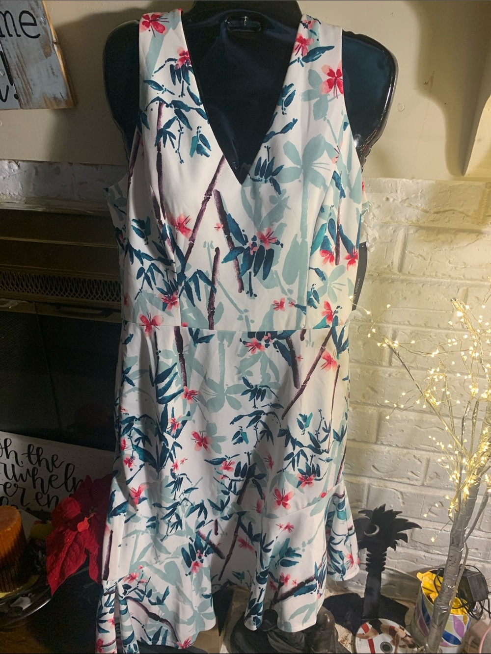 Maggy London White Floral V-Neck Fit-and-Flare Dress with Teal and Pink Accents